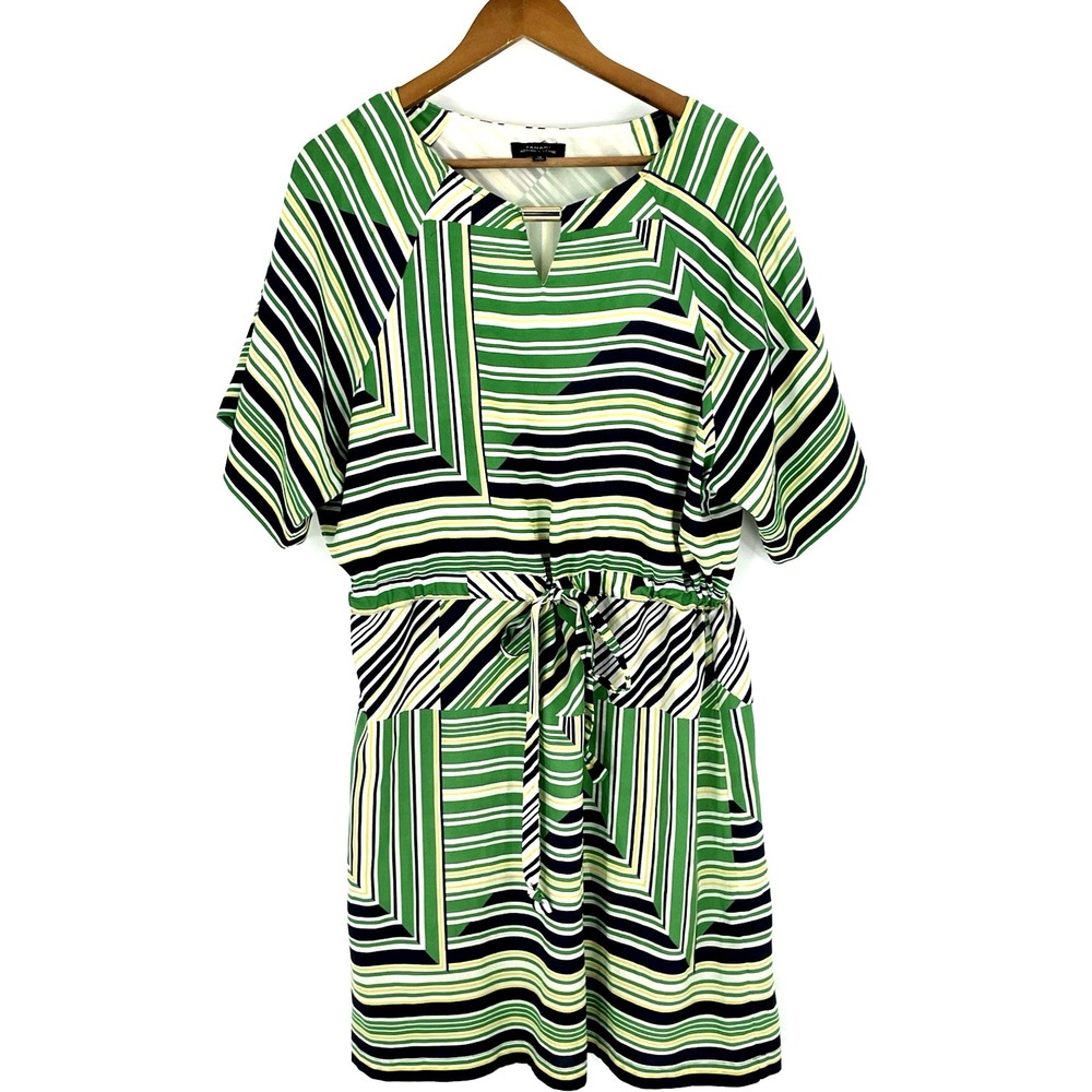 Tahari Arthur S. Levine Dress Size 10 Multicolor Green Waist Tie Short Sleeve